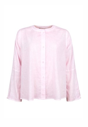 Rosa Leinenbluse mit Rundhalsausschnitt, langen Ärmeln und Knopfverschluss vorne. Hat eine lässige Passform und eine leichte Textur.
