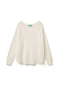 Helle beige, langärmeliger Sweatshirt mit weitem Halsausschnitt, gerippten Bündchen und Saum. Weiche Textur, lockerer Schnitt und ein kleines Logoschild innen.