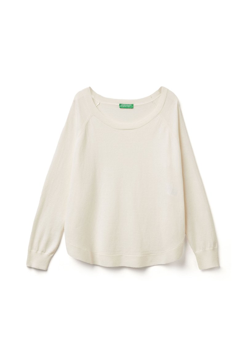 Helle beige, langärmeliger Sweatshirt mit weitem Halsausschnitt, gerippten Bündchen und Saum. Weiche Textur, lockerer Schnitt und ein kleines Logoschild innen.