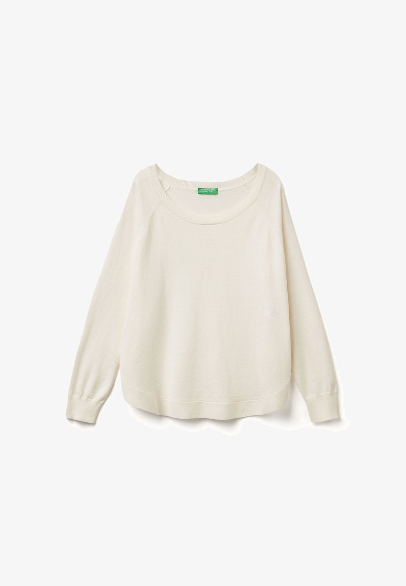 Lichtbeige sweatshirt met lange mouwen en een wijde halslijn, ribgebreide manchetten en zoom. Zachte textuur, relaxte pasvorm en een klein logo-etiket aan de binnenkant.