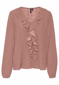 Blouse rose poudré à manches longues en tissu texturé avec un col en V froncé et des poignets élastiqués.