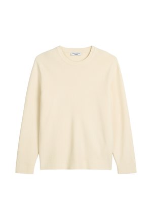 Crème ribbel gebreide trui met een ronde halslijn en lange mouwen, met een zachte textuur en een relaxte pasvorm. Eenvoudig ontwerp, zonder patronen.