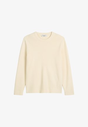 Cremfarbener, gerippter Strickpullover mit Rundhalsausschnitt und langen Ärmeln, der eine weiche Textur und eine lockere Passform aufweist. Einfaches Design, ohne Muster.