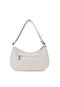 Borsa a spalla in pelle liscia grigia chiara con una forma curvata, accessori in argento e una tasca con zip sul davanti. Tracolla regolabile.