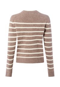 Bruin en witte horizontaal gestreepte langharige sweater met geribbelde manchetten en zoom, van achteren getoond op een witte achtergrond.