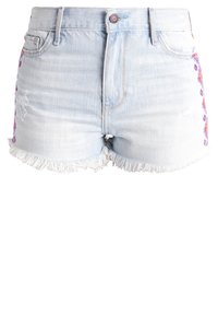 Vaaleansiniset farkkushortsit, joissa on revitty helma, moniväristä kukkakirjontaa sivuilla ja kuluneita yksityiskohtia edessä.