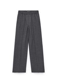 Wide-leg trousers in dark gray woven fabric, featuring an elastic waistband and two front pleats. Smooth texture with a tailored appearance.