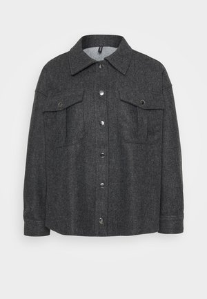 Gray, wool-blend jacket featuring a button closure, two chest pockets, and a collar. Soft texture with a relaxed fit.