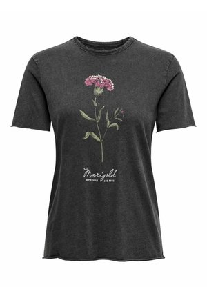 Donkergrijze T-shirt met korte mouwen met een roze goudsbloemillustratie en de tekst "Goudsbloem onplukbaar en zeldzaam" op de voorkant.