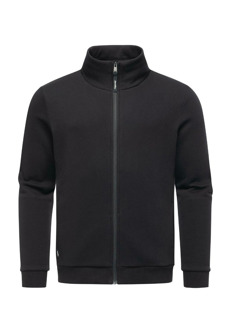 Felpa nera con zip e colletto alto, realizzata in tessuto morbido. Presenta maniche lunghe e polsini e orlo a coste. Design minimalista.