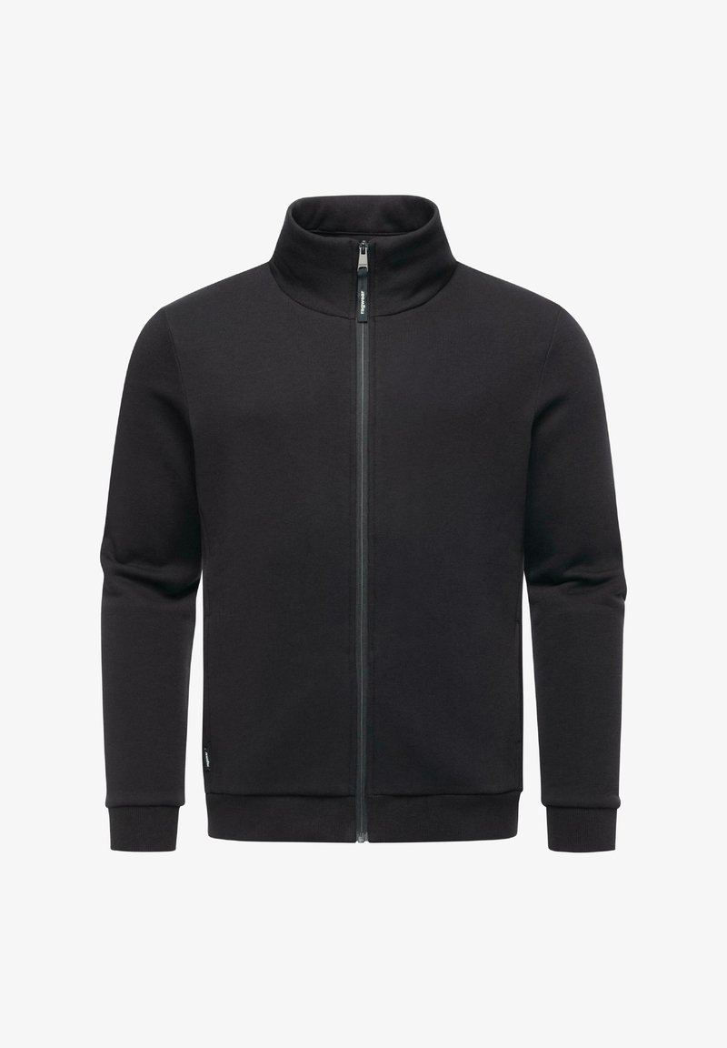 Felpa nera con zip e colletto alto, realizzata in tessuto morbido. Presenta maniche lunghe e polsini e orlo a coste. Design minimalista.