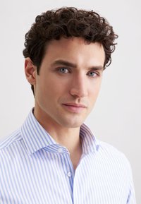 Camicia a strisce blu chiaro e bianca con colletto button-down. Tessuto liscio e vestibilità sartoriale, adatta per abbigliamento formale o informale.