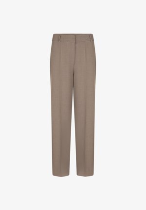 Beige op maat gemaakte broeken met een rechte pijpdesign, voorplooien en een gladde textuur. Heeft zijzakken en een knoopsluiting.