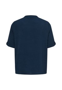 Navy blue short-sleeve shirt with textured fabric and button tabs on folded sleeves, shown from the back.