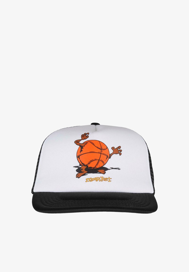 Casquette noir et blanc avec un design de dessin animé représentant un ballon de basket orange et des bras, portant le texte jaune "marché" à l'avant. Matériau en nylon.