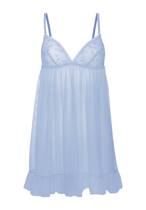 Hellblaues, transparentes Babydoll-Nachthemd mit dünnen Trägern, bestickten Blumencups und einem Rüschensaum am unteren Rand.