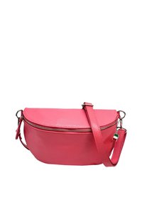 Roze leren schoudertas met een ronde vorm, ritsluiting en een korte, verstelbare schouderband. Inclusief een kleine decoratieve hardwareaccent.
