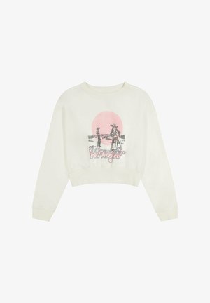 Cremfarbener, kürzer geschnittener Sweatshirt mit rundem Halsausschnitt, versehen mit einer Grafik von zwei Figuren vor einer pinkfarbenen Sonne und dem Schriftzug "Wrangler" in fetter Schrift.