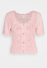 Rosa gestrickte, cropped Strickjacke mit einem spitzenmuster, kurzen Ärmeln und drei Knopfverschlüssen mit einem gewellten Saum.