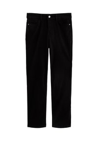 Pantalones de mezclilla negra con corte recto, que cuentan con cinco bolsillos, cierre de botón y detalles de costura sutiles.