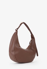 Borsa hobo in pelle marrone con superficie texture, forma curva e tracolla regolabile. Presenta un dettaglio con zip dorata.