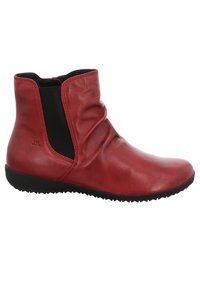 Bottines en cuir rouge avec une finition lisse, des panneaux latéraux élastiques et une semelle noire texturée. Présente un design supérieur froncé.