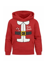Red hoodie featuring a graphic of Santa's suit, with white fur, a black belt, and “Team Santa” text. Includes a candy cane design.