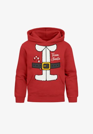 Roter Hoodie mit einem Aufdruck von Santas Anzug, mit weißem Fell, einem schwarzen Gürtel und dem Schriftzug "Team Santa". Enthält ein Design mit einem Zuckerstangenmuster.