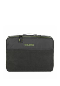 Borsa da viaggio grigia con accenti verdi, dotata di un pannello in rete testurizzata, chiusura con doppia cerniera e una robusta maniglia superiore per un facile trasporto.