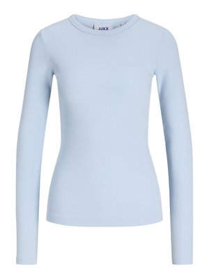 Svetlomodrý, dlhý rukáv rebrovaný pletený top s okrúhlym výstrihom a priliehavým strihom.