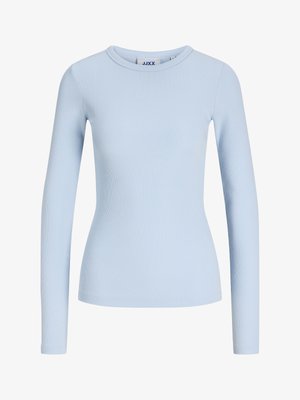 Svetlomodrý, dlhý rukáv rebrovaný pletený top s okrúhlym výstrihom a priliehavým strihom.