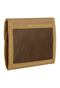 Beige stoffpung med nett foran, med stitched kanter og rektangulær form, designet for oppbevaring og organisering.