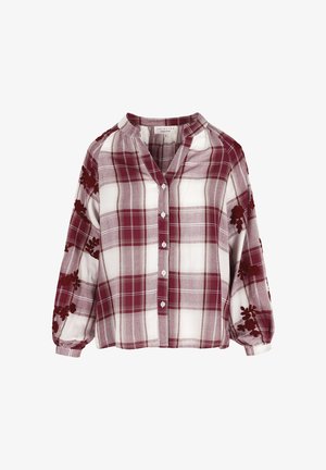 Blúzka s dlhým rukávom v bordovo-bielej kockovanej vzore, s výstrihom do tvaru V, zapínaním na gombíky vpredu a kvetinovou výšivkou na rukávoch. Mäkká, ľahká látka.