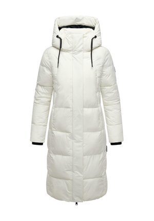 Weißer langer Daunenmantel mit hohem Kragen, Frontreißverschluss, seitlichen Taschen und elastischen Bündchen. Strukturierte, gesteppte Optik mit abnehmbarem Kapuzenaufsatz.