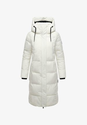 Valkoinen pitkä puffatakkia, jossa on korkea kaulus, etuvetoketju, sivutaskut ja joustavat hihansuut. Teksturoitu tikattu muotoilu irrotettavalla hupulla.