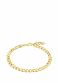 Pulsera de cadena en tono dorado con eslabones planos interconectados y cierre de langosta.