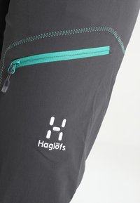 Haglöfs-broek in donkergrijze stof met een teal ritssluiting aan de zak, contrasterende stiksels en een wit logo op de voorkant van het dijbeen.