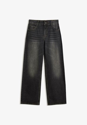 Jeans in denim nero a gamba larga con texture sbiadita, design a cinque tasche e cuciture a contrasto. Presentano chiusura a bottone e passanti per cintura.