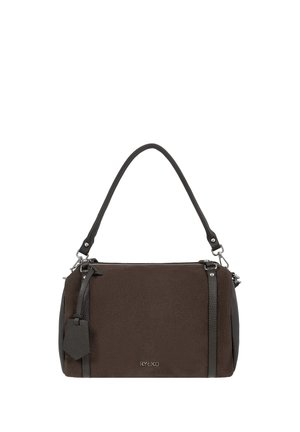 Borsa rettangolare marrone con manici in pelle nera, dettagli in metallo argentato e un'etichetta con il marchio su sfondo bianco.