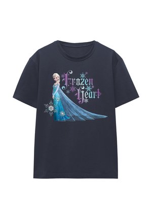Dark blue cotton t-shirt featuring a graphic of a character in a flowing icy blue gown, with the text "Frozen Heart" in purple and teal.