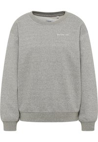 Sudadera gris hecha de tejido texturizado. Presenta un cuello redondo, mangas largas y un logo impreso de "MUSTANG JEANS" en la parte delantera.