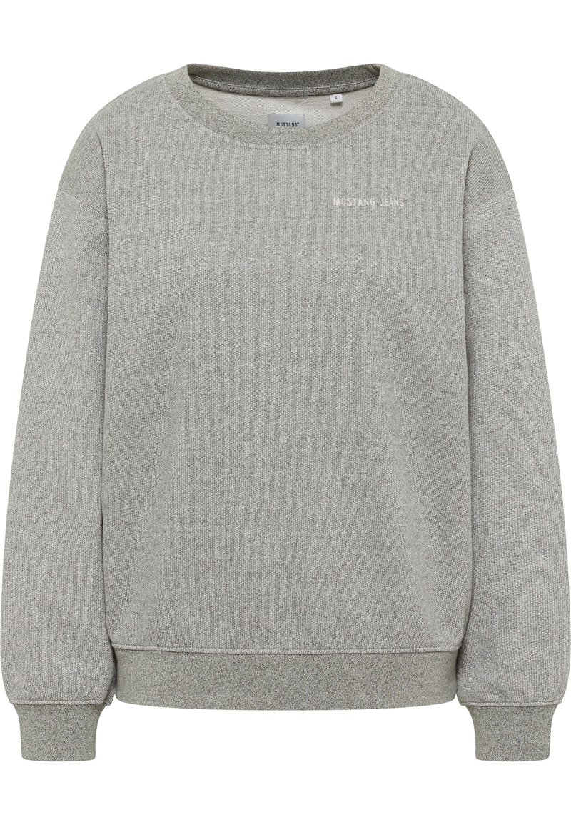 Sudadera gris hecha de tejido texturizado. Presenta un cuello redondo, mangas largas y un logo impreso de "MUSTANG JEANS" en la parte delantera.