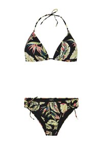 Set di bikini con sfondo nero e motivi di foglie tropicali colorate, con stringhe regolabili sulla parte superiore e inferiore, e design versatile.