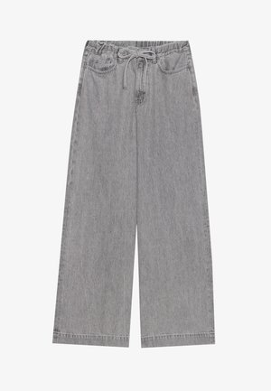 Grå vide bukser lavet af denim, med en elastisk talje og snøre, to forlommer og lige ben-design.