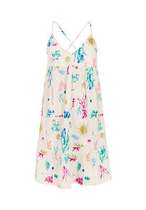 Witte zomerse jurk met dunne gekruiste bandjes, voorzien van kleurrijke abstracte botanische en zonpatronen in roze, blauw, groen en goudtinten.