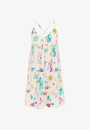 Biele letné šaty s tenkými prekríženými ramienkami, zdobené farebnými abstraktnými botanickými a slnečnými vzormi v ružových, modrých, zelených a zlatých tónoch.