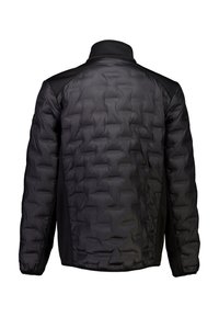 Giacca a vento nera con design trapuntato texturizzato, colletto alto e dettagli in rete nera su spalle e lati.