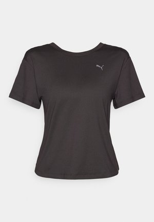 Czarny t-shirt z krótkim rękawem wykonany z gładkiego materiału, z okrągłym dekoltem i małym, szarym logo Puma na piersi.