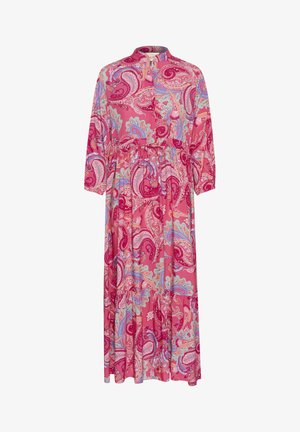 Lange roze jurk met een paisleypatroon in blauw, groen en rood. Ontworpen met een kraag, knopen aan de voorkant en een elastische taille met ruches.