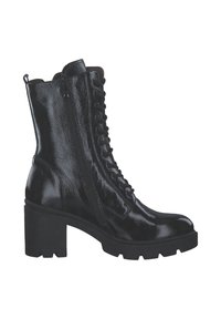 Bottines en cuir noir avec une finition brillante, lacet à l'avant, fermeture éclair sur le côté et talon carré. Elles présentent un dessus texturé et une semelle robuste.